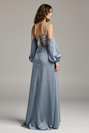 Cold Shoulder Steel Grey A Line Long Evening Dress